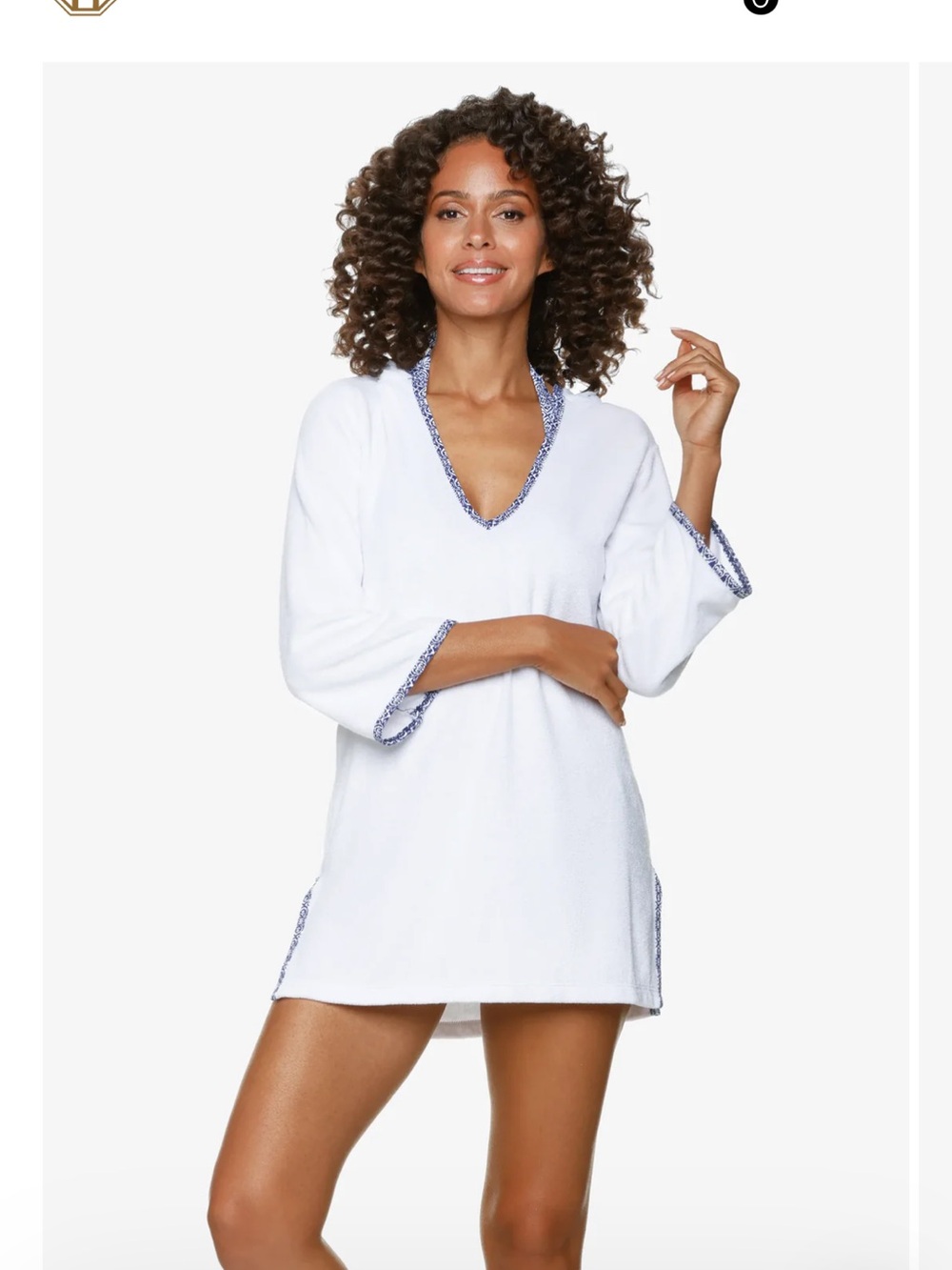 Helen Jon Tangier White V-Neck Swim Cover-Up Tunic with Blue Trim medium